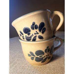 Vintage Pfaltzgraff Folk Art Pattern Tan And Blue Coffee Mugs --Set of 2